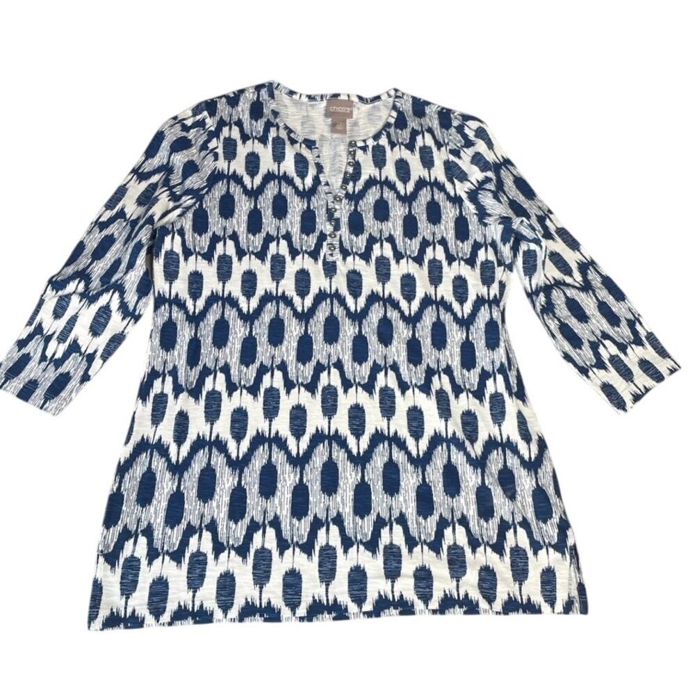 CHICOS Blue White Patterened 1/2‎ Sleeve V Neck Blouse Top 0 Small